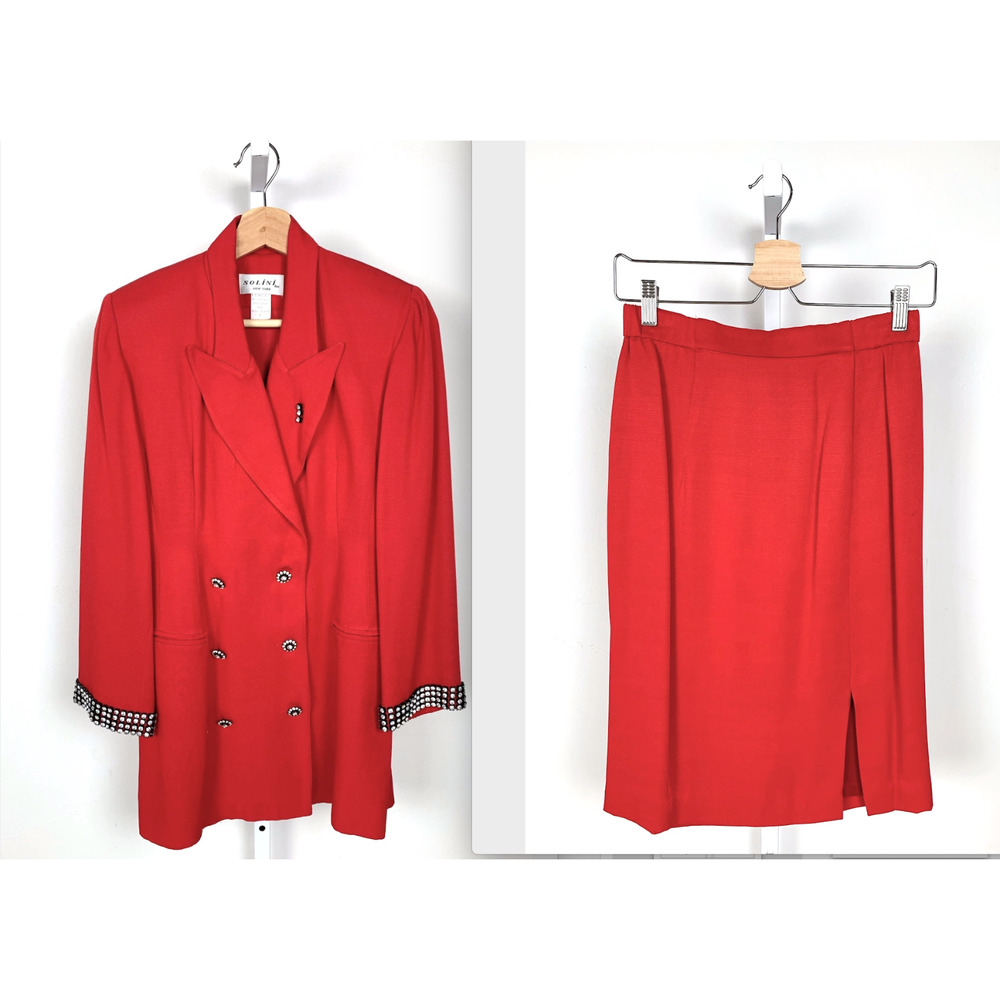 SOLINI New York 4 Embellished Jacket Straight Skirt Suit Rhinestone Holiday Red